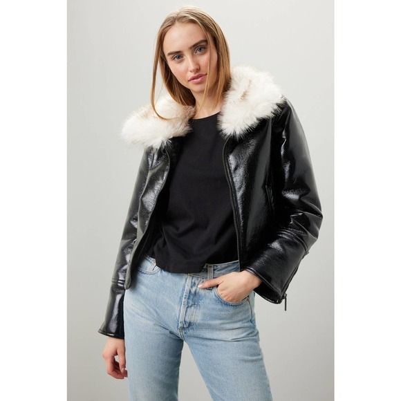 Unreal Fur Black Vegan Patent Leather Wet Look Aviator Jacket - Picture 4 of 7